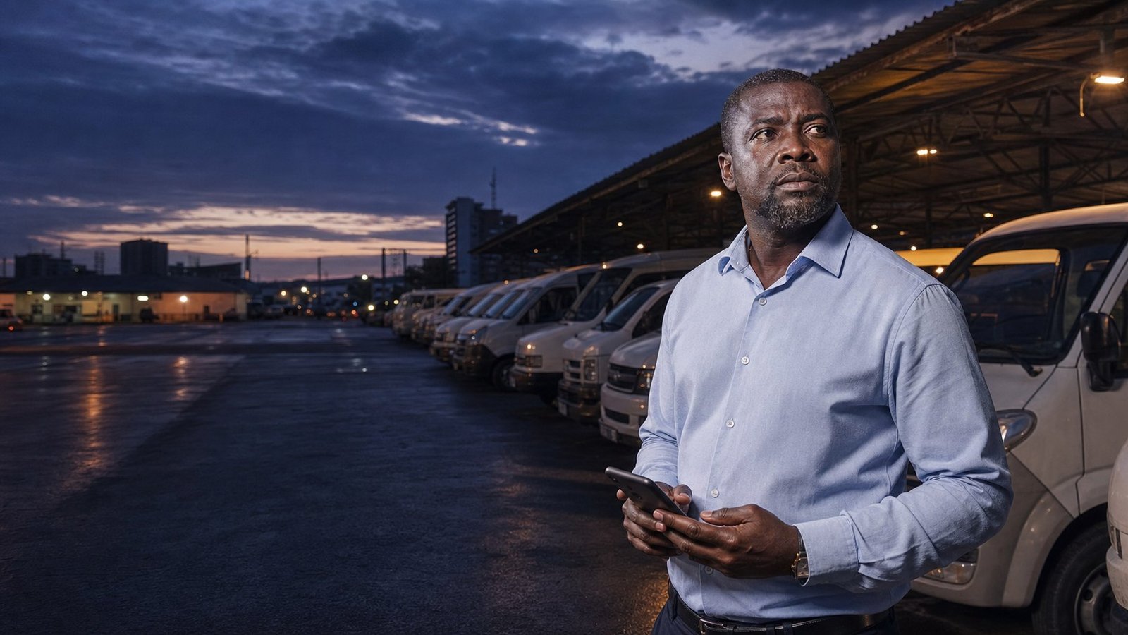 Gérant de flotte devant ses véhicules à Abidjan